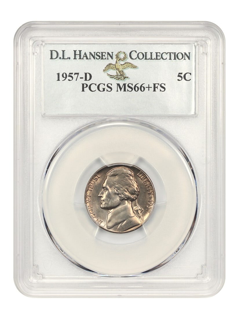 1957-D Jefferson Nickel 5c PCGS MS66+ FS D.L. Hansen: 1957-D Jefferson Nickel 5c PCGS MS66+ FS D.L. Hansen This 1957-D Jefferson Nickel is graded PCGS MS66+ FS, indicating it is in uncirculated condition with full steps. Minted in Denver, this coin