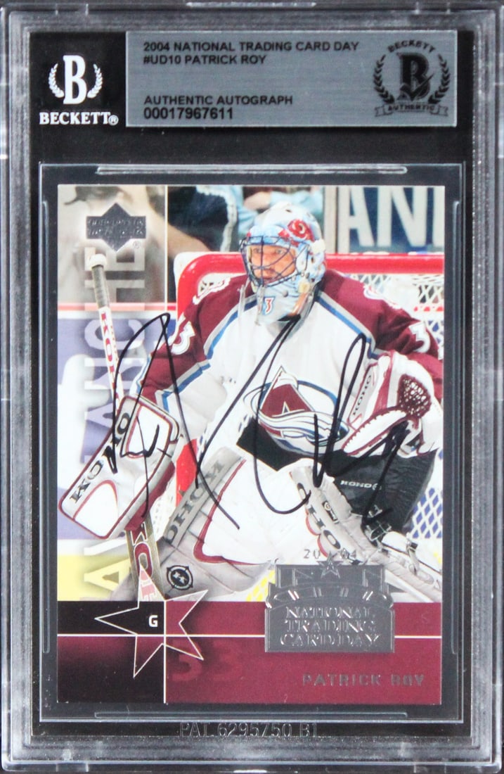 Patrick Roy Signed 2004 National Trading Card Day #UD10 Beckett Slab Colorado Avalanche: Patrick Roy Signed 2004 National Trading Card Day #UD10 Beckett Slab Colorado Avalanche This autographed 2004 National Trading Card Day #UD10 card features the legendary Patrick Roy of the Colorado