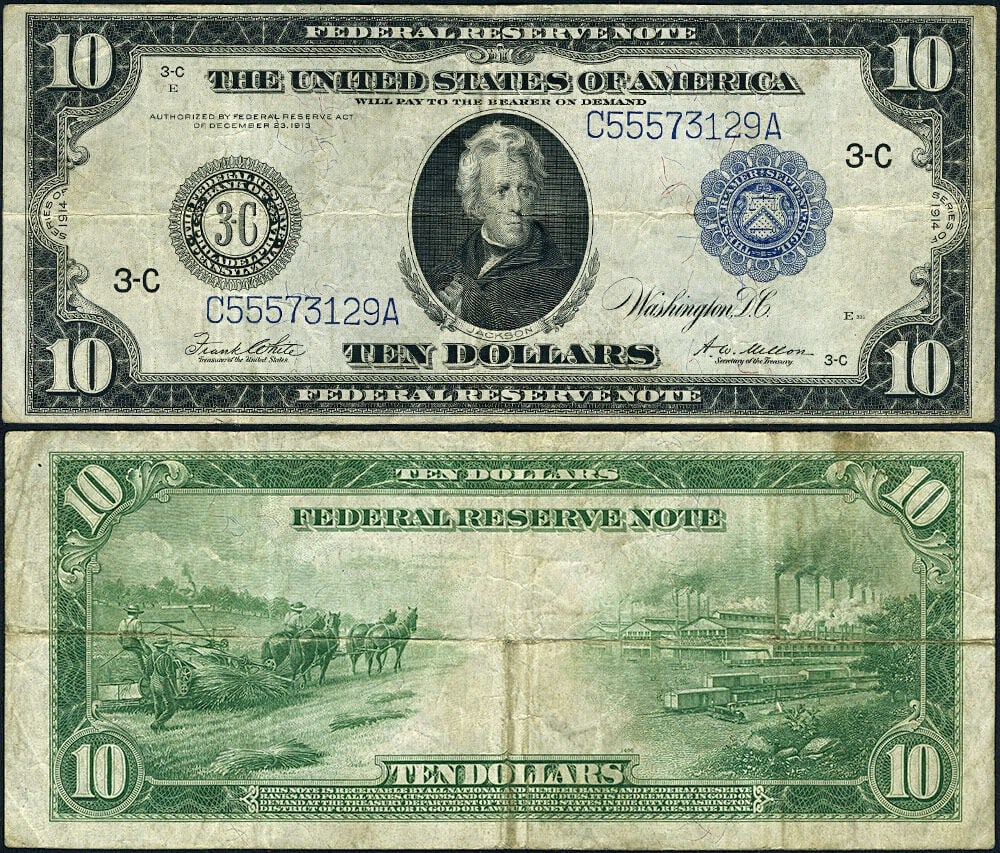 1914 $10 Federal Reserve Note FR. 915 C Philadelphia Circulated (1 of 3)