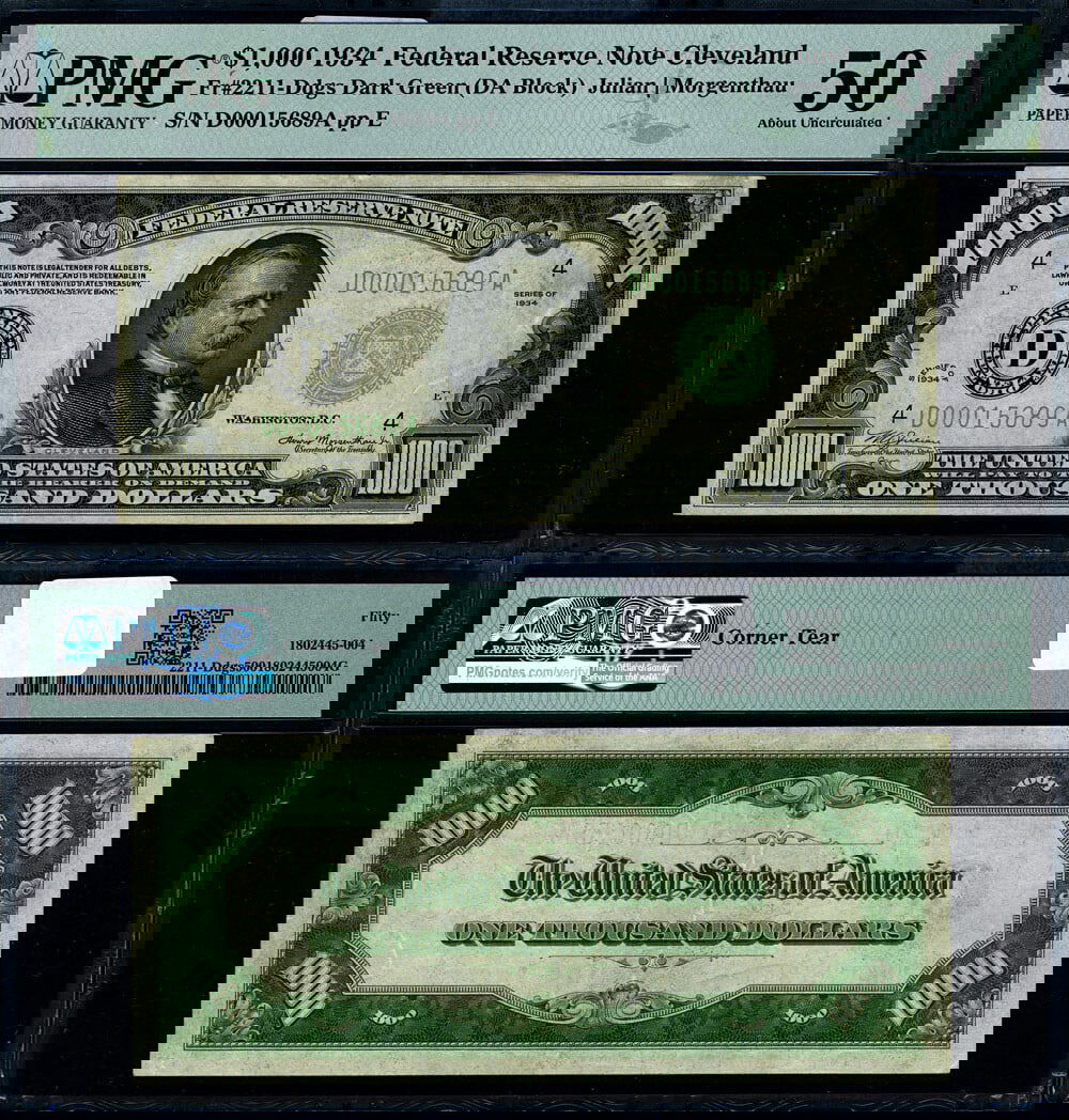 1934 $1000 Federal Reserve Note Cleveland D-A Block PMG AU50 (1 of 3)