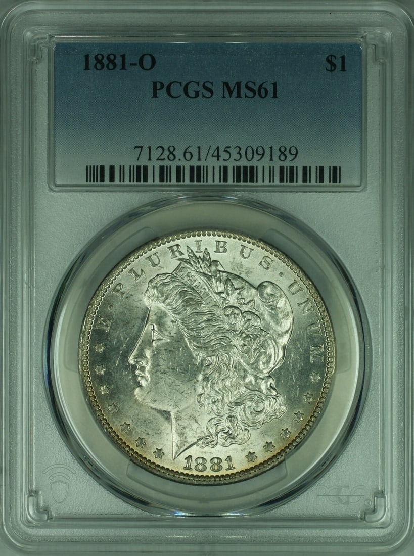 1881-O Morgan Silver Dollar Coin PCGS MS-61 Uncirculated: 1881-O Morgan Silver Dollar Coin PCGS MS-61 Uncirculated This 1881-O Morgan Silver Dollar Coin is a cherished piece of numismatic history. Graded MS-61 by PCGS, this uncirculated coin showcases the
