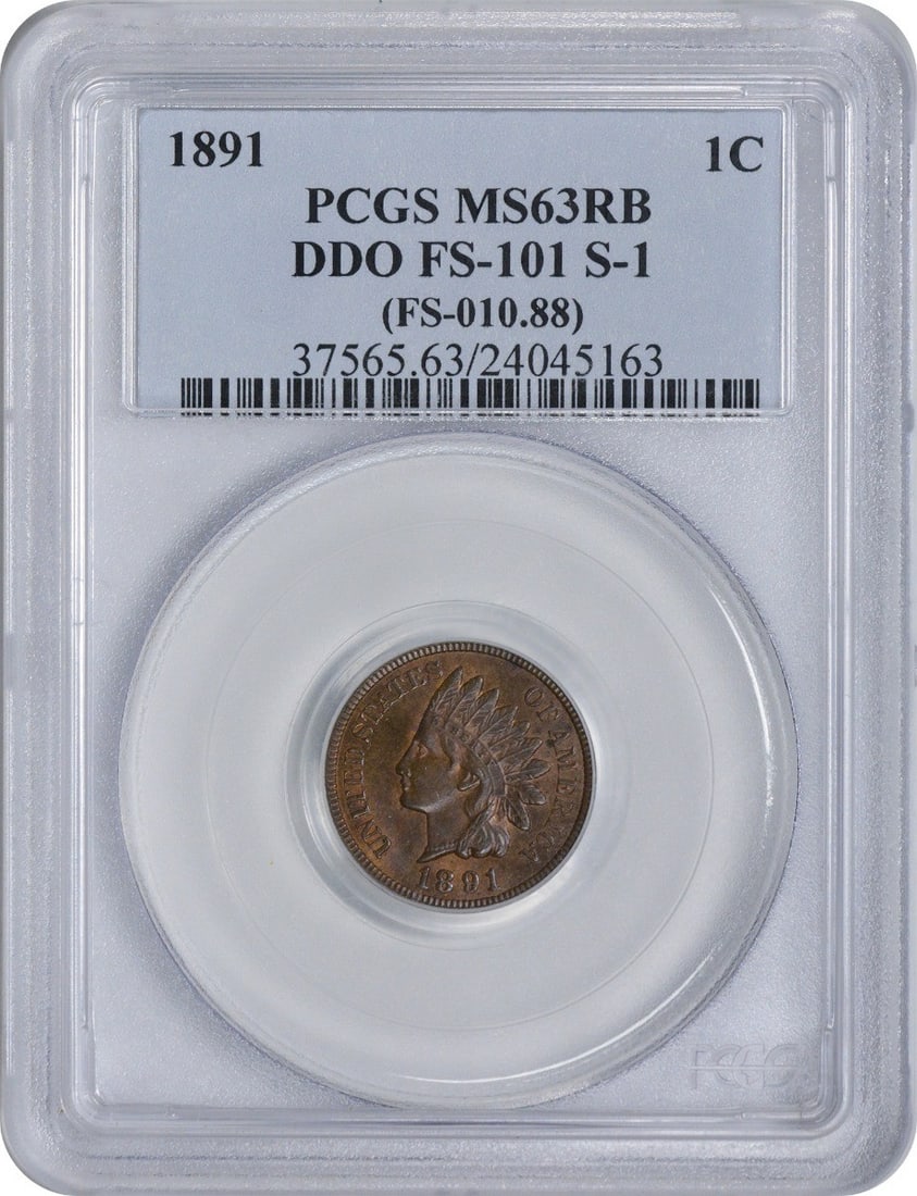 1891 Indian Head Cent DDO FS-101 MS63RB PCGS Uncirculated: 1891 Indian Head Cent DDO FS-101 MS63RB PCGS Uncirculated This 1891 Indian Cent features a striking design with the iconic Indian Head motif. Certified by PCGS, this coin is graded MS63RB, indicating