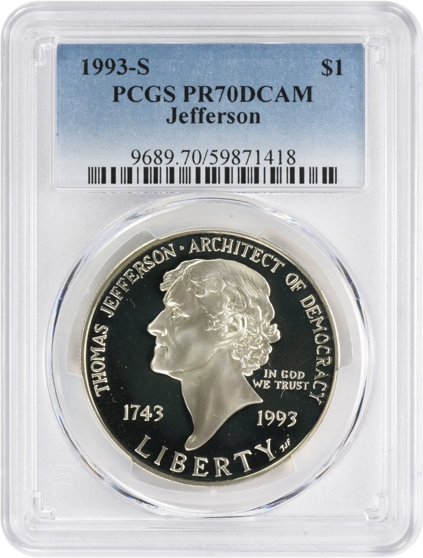 1993-S Jefferson Commemorative Silver Dollar PR70DCAM PCGS Uncirculated: 1993-S Jefferson Commemorative Silver Dollar PR70DCAM PCGS Uncirculated This 1993-S Jefferson Commemorative Silver Dollar is a remarkable collectible coin, certified by PCGS with a pristine grade of