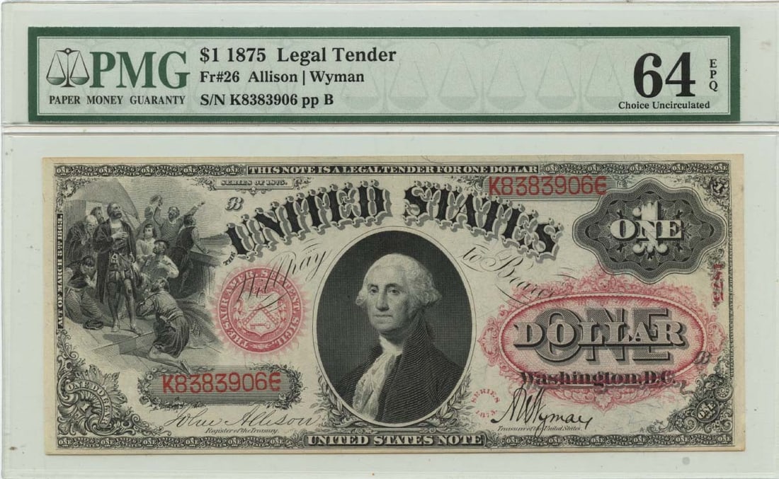 1875 $1 Legal Tender Note PMG CU64 EPQ Uncirculated: 1875 $1 Legal Tender Note PMG CU64 EPQ Uncirculated This 1875 $1 Legal Tender Note is a remarkable example from a significant year in American currency history. Certified by PMG with a grade of MS64
