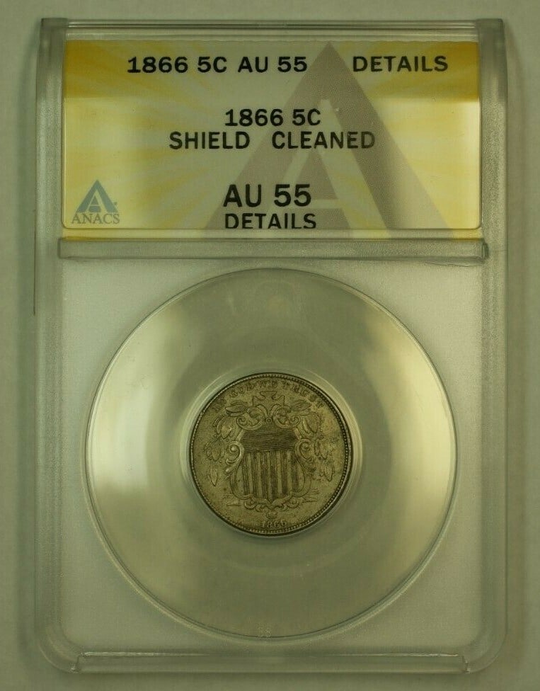 1866 Shield Nickel 5C Coin ANACS AU 55 With Rays: 1866 Shield Nickel 5C Coin ANACS AU 55 With Rays This 1866 Shield Nickel is a remarkable piece, certified by ANACS with a grade of AU-55. Minted in Philadelphia, this 5-cent coin features the With