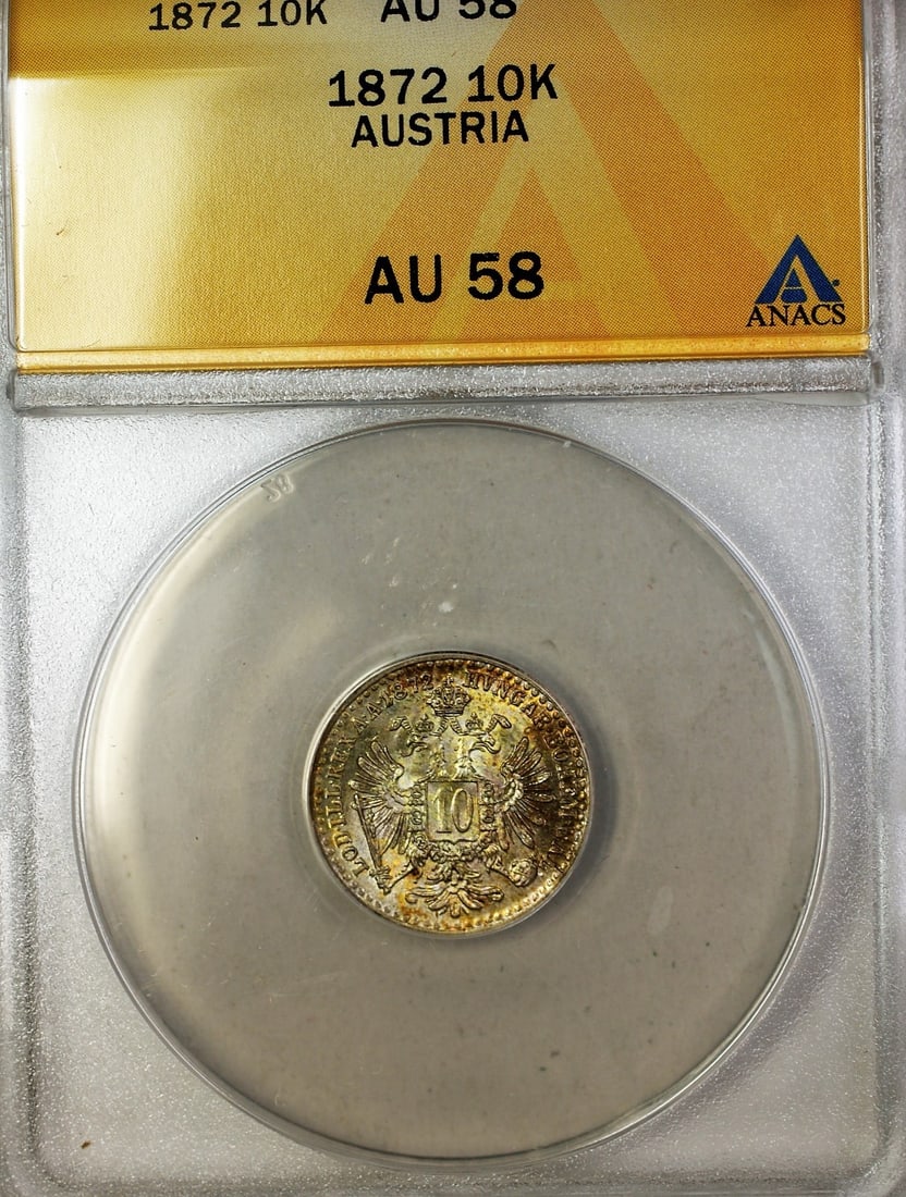 1872 Austria 10K Ten Kreuzer Silver Coin ANACS AU 58 Certified: 1872 Austria 10K Ten Kreuzer Silver Coin ANACS AU 58 Certified This 1872 Austria 10K Ten Kreuzer Silver Coin is a notable collectible piece that showcases a rich history. Certified by ANACS with a