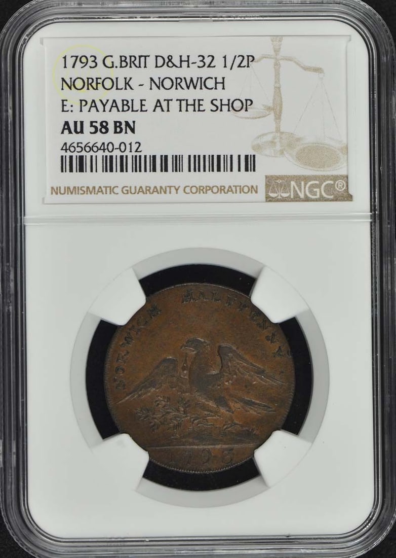 1793 G. B. Norfolk-Norwich D&H-32 NGC AU58BN Conder Token: 1793 G. B. Norfolk-Norwich D&H-32 NGC AU58BN Conder Token This is a 1793 G. B. D&H-32 Norfolk-Norwich Conder Token, certified by NGC with a grade of AU58BN. The token is in circulated condition and is