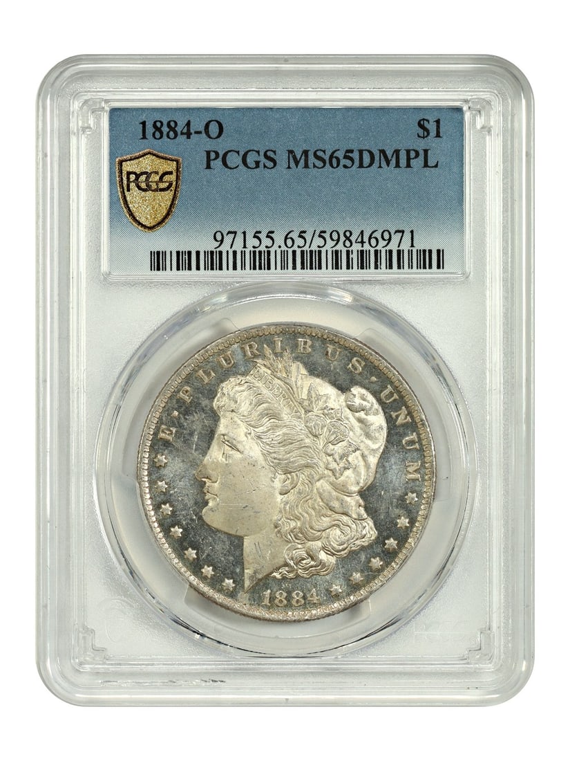 1884-O Morgan Dollar $1 PCGS MS65 DMPL Uncirculated: 1884-O Morgan Dollar $1 PCGS MS65 DMPL Uncirculated This stunning 1884-O Morgan Dollar is graded PCGS MS65DMPL, showcasing its exceptional quality and eye-catching original toning. Minted in New Orlea