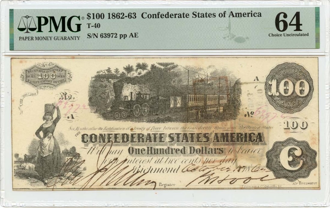 1862-63 $100 Confederate T-40 Note PMG MS64 Uncirculated (1 of 2)