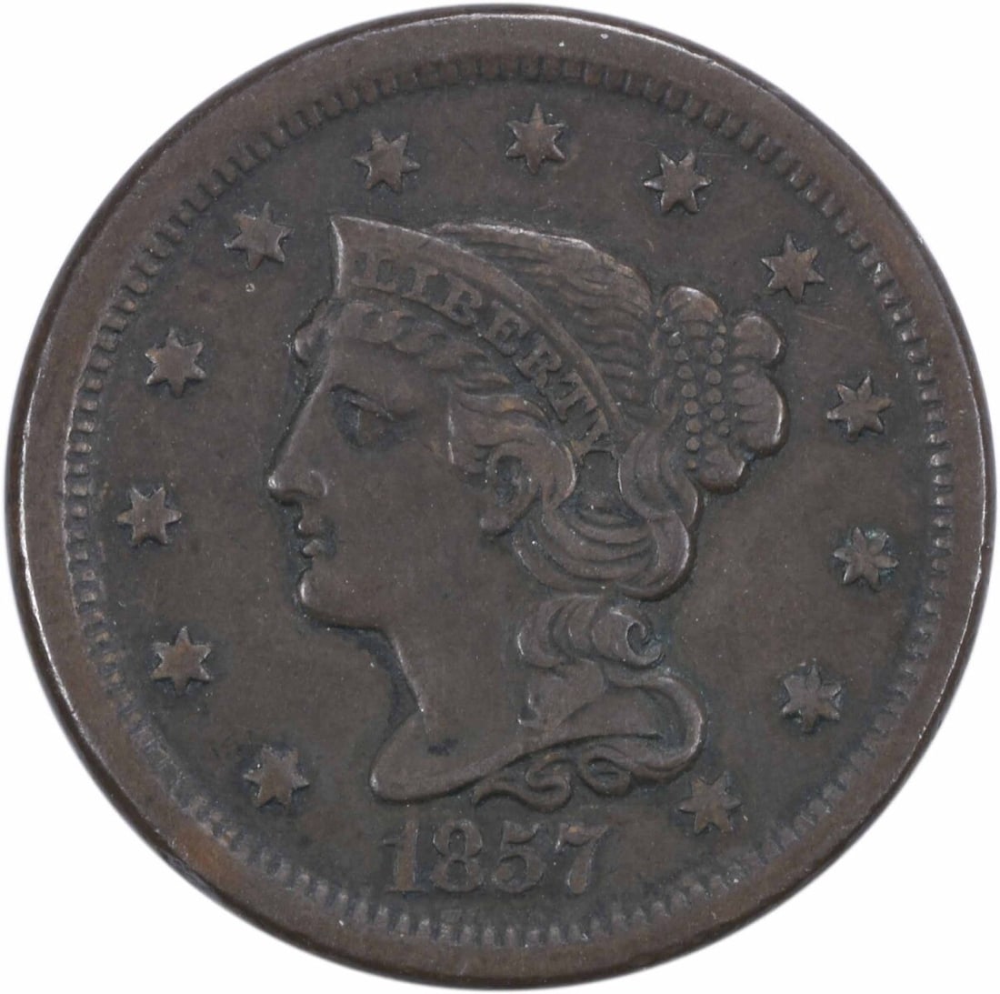 1857 Large Cent Small Date Copper Braided Hair Coin (1 of 2)