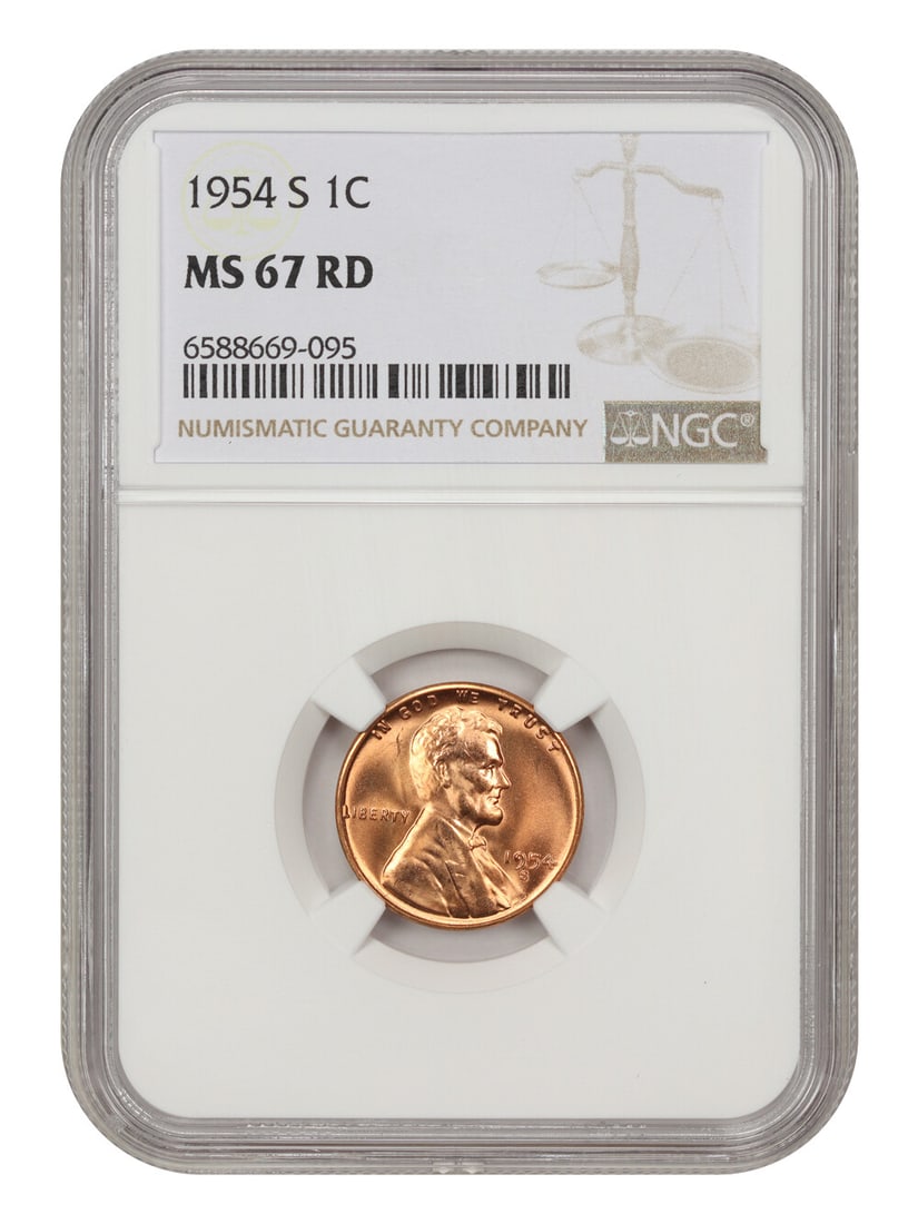 1954-S Lincoln Cent NGC MS67 RD Uncirculated San Francisco: 1954-S Lincoln Cent NGC MS67 RD Uncirculated San Francisco This stunning 1954-S Lincoln Cent is graded MS67 RD by NGC, showcasing its exceptional quality and pristine condition. With a blazing red hue