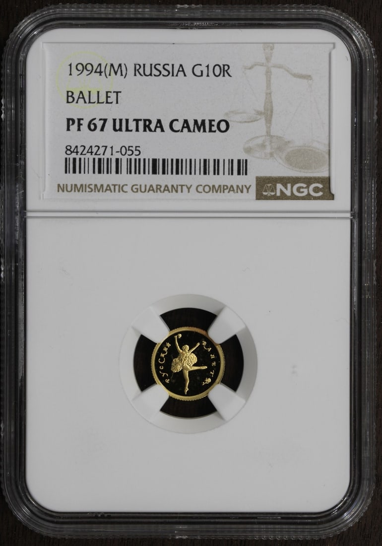 1994 Russian Federation 10 Rouble Proof Gold Coin NGC PF67 Ballet: 1994 Russian Federation 10 Rouble Proof Gold Coin NGC PF67 Ballet This is a 1994 Russian Federation 10 Roubles coin featuring a ballet design. The coin is composed of 1/20 oz gold and has been certifi