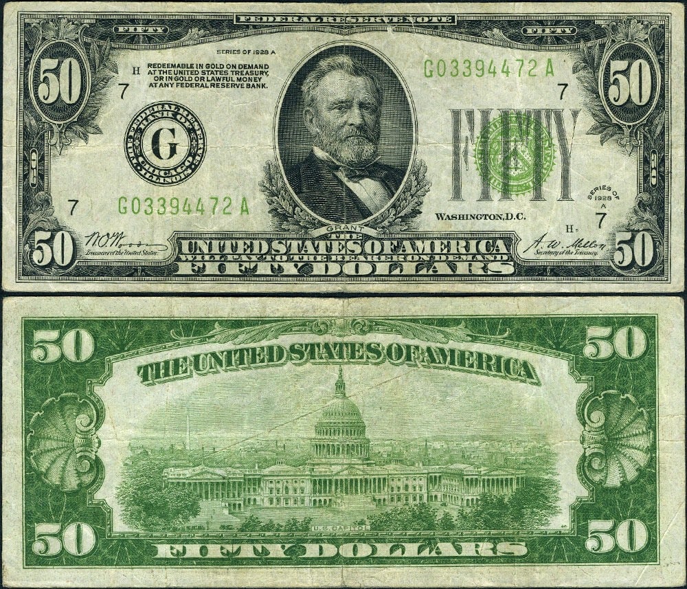 1928-A $50 Federal Reserve Note Chicago G-A Block VF: 1928-A $50 Federal Reserve Note Chicago G-A Block VF This 1928-A $50 Federal Reserve Note from the Chicago district features a Light Green Seal and is categorized under the G-A Block. The note is circ