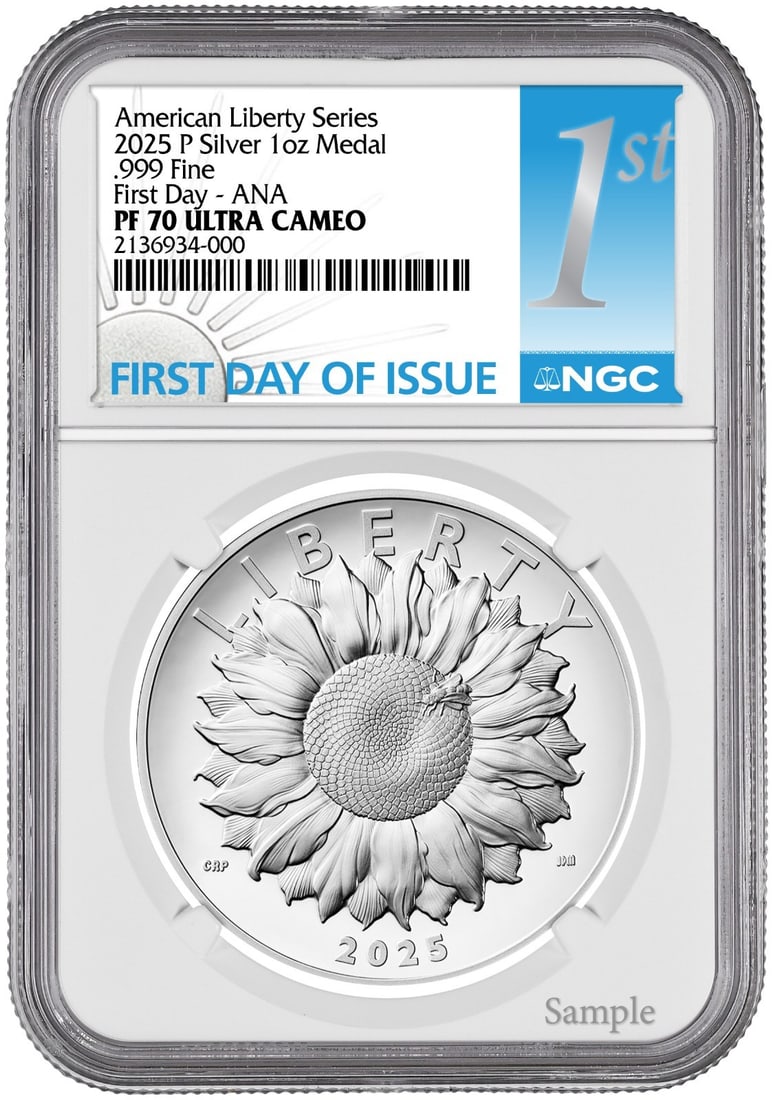 2025-W 1 oz Silver American Liberty Medal PR70 NGC First Day: 2025-W 1 oz Silver American Liberty Medal PR70 NGC First Day This 2025-W American Liberty High Relief Medal is a stunning representation of U.S. mint craftsmanship. Struck in fine silver with a compos