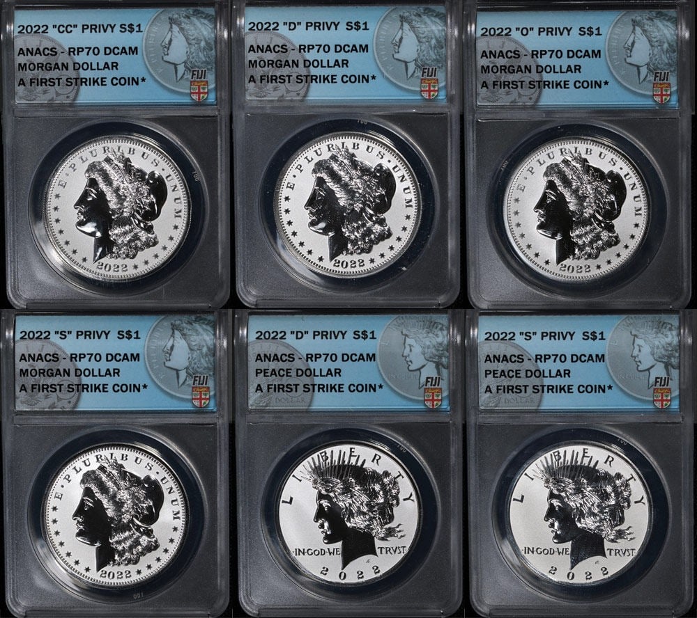 Six Piece 2022 Silver Fiji Morgan and Peace Dollar Privy Set ANACS Rev PF70 (1 of 13)