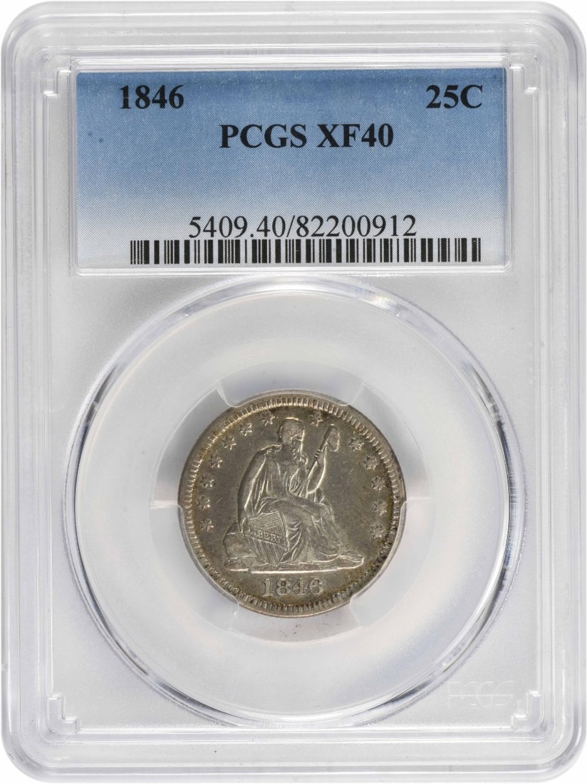 1846 Liberty Seated Quarter 25C PCGS Certified Silver Coin: 1846 Liberty Seated Quarter 25C PCGS Certified Silver Coin This 1846 Liberty Seated Silver Quarter is a remarkable collectible piece, certified by PCGS with an EF40 grade. The coin features the iconic