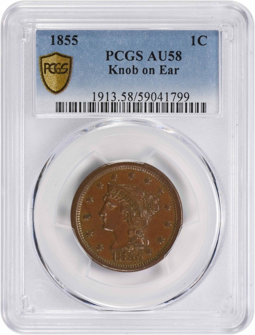 1855 Braided Hair Large Cent AU58 PCGS Certified Copper Coin: 1855 Braided Hair Large Cent AU58 PCGS Certified Copper Coin This 1855 Large Cent features the iconic Braided Hair design created by Christian Gobrecht. Graded AU58 by PCGS, this coin demonstrates bot
