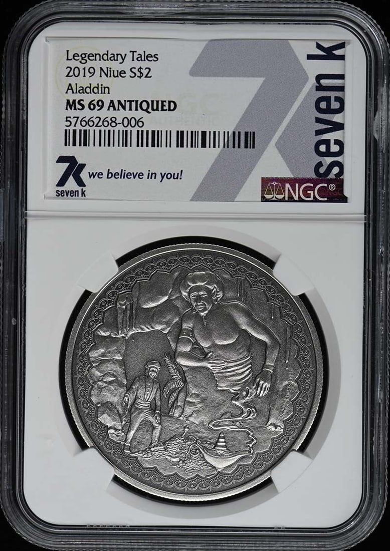 2019 Niue Aladdin $2 Coin NGC MS69 Uncirculated: 2019 Niue Aladdin $2 Coin NGC MS69 Uncirculated This 2019 Niue Aladdin coin, graded MS69 by NGC, showcases exceptional quality and detail. It is an uncirculated piece, meaning it has never been in cir