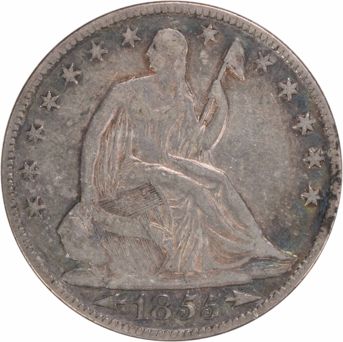 1855-O Liberty Seated Half Dollar 50C Choice VF Uncertified: 1855-O Liberty Seated Half Dollar 50C Choice VF Uncertified This 1855-O Liberty Seated Half Dollar is a remarkable piece of history, featuring a striking design by Thomas Sully and Christian Gobrecht.