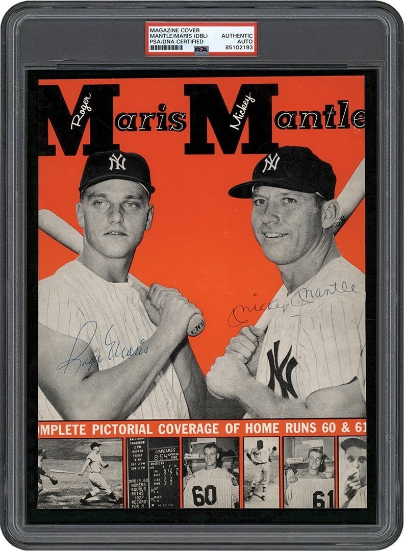 1961 Mickey Mantle Roger Maris Signed Magazine Cover PSA Authenticated: 1961 Mickey Mantle Roger Maris Signed Magazine Cover PSA Authenticated Celebrate baseball history with this original signed magazine cover featuring Mickey Mantle and Roger Maris, known as the "M&M Bo