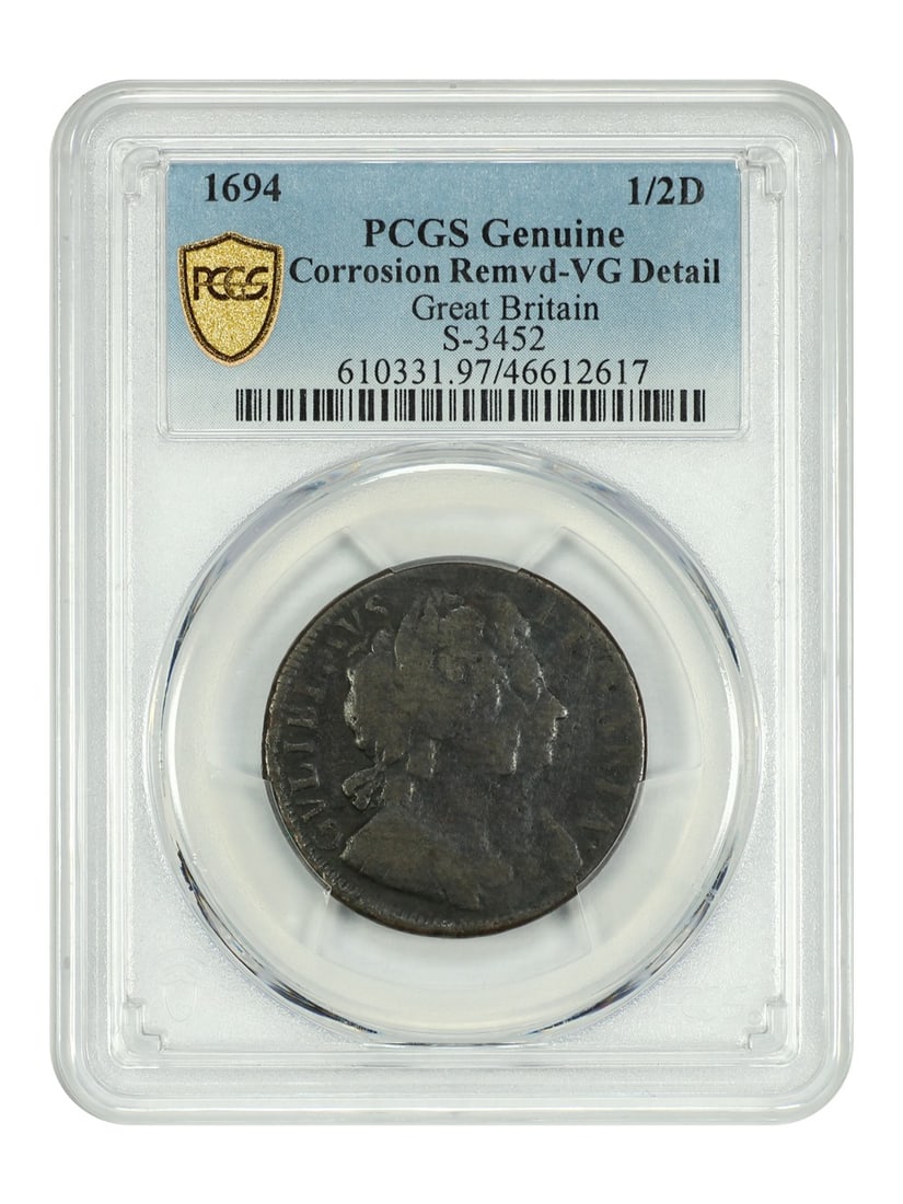1694 Great Britain 1/2D Coin William and Mary VG Details (1 of 4)