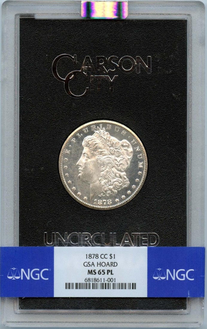 1878-CC Morgan Dollar NGC MS65PL Proof-Like Uncirculated: 1878-CC Morgan Dollar NGC MS65PL Proof-Like Uncirculated This 1878-CC Morgan Dollar is a stunning piece from the GSA Hoard, certified by NGC with a certification number of 6818611001. It is graded MS6