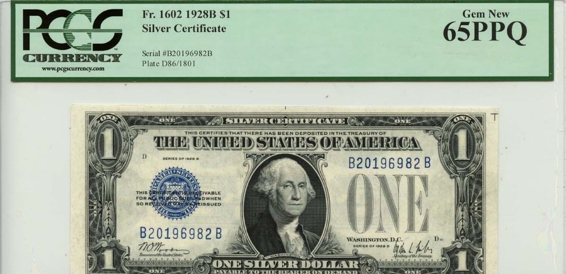 1928B $1 Silver Certificate Blue Seal Gem 65 PCGS Currency (1 of 2)