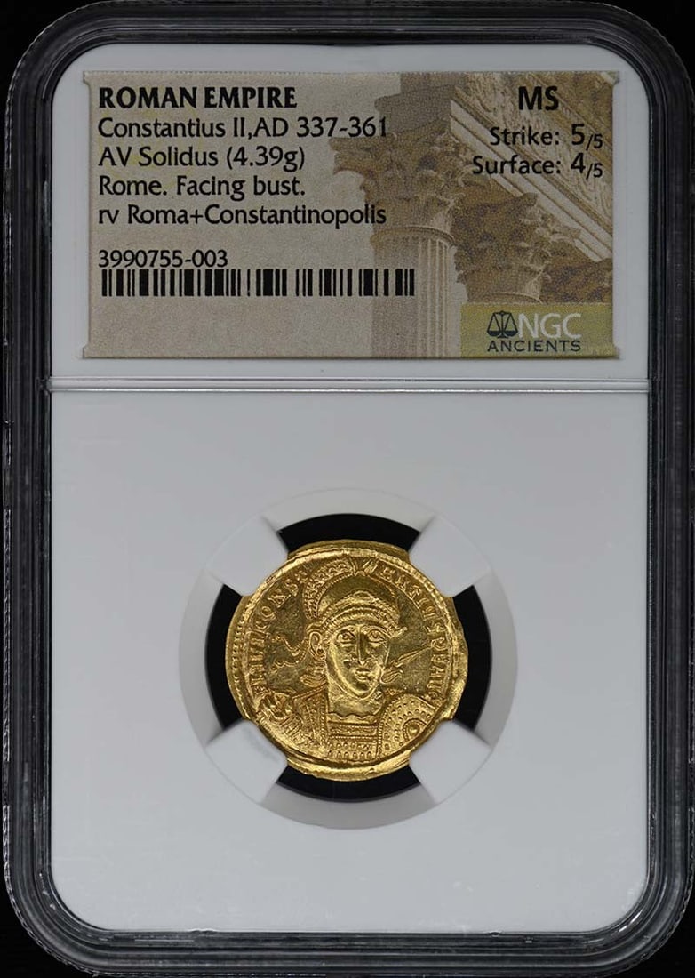 Theodosius II AV Solidus Eastern Roman Empire NGC MS 5/4: Theodosius II AV Solidus Eastern Roman Empire NGC MS 5/4 This exquisite gold solidus from the Eastern Roman Empire features the reign of Theodosius II, dated between AD 402-450. Graded as MS by NGC, t