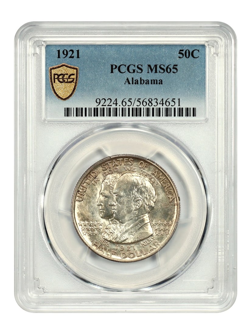 1921 Alabama Half Dollar PCGS MS65 Silver Commemorative Coin: 1921 Alabama Half Dollar PCGS MS65 Silver Commemorative Coin This is a 1921 Alabama 50-cent Classic Silver Commemorative coin, graded MS65 by PCGS. Issued to mark the 100th anniversary of Alabama's st