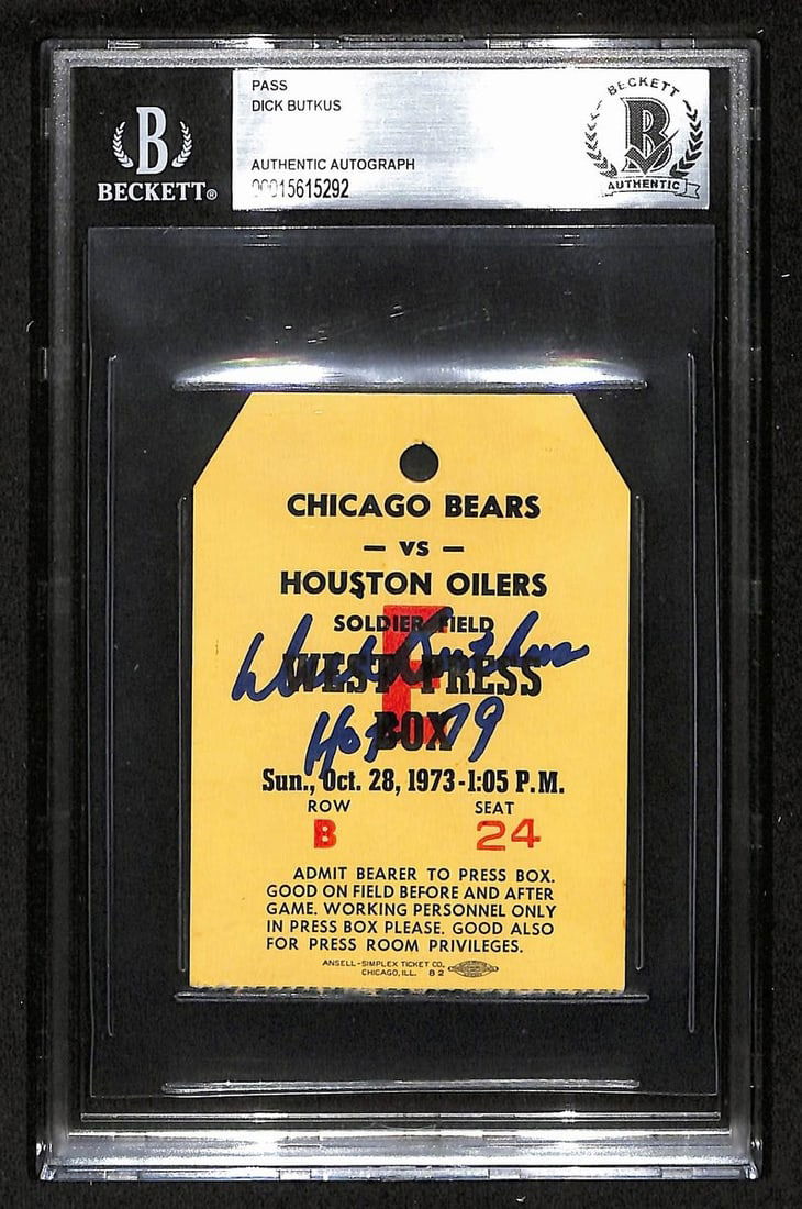 Dick Butkus HOF Signed 1973 Bears vs Oilers Press Box Pass BAS Authentic: Dick Butkus HOF Signed 1973 Bears vs Oilers Press Box Pass BAS Authentic Offered is an original press box pass from the 1973 Chicago Bears vs. Houston Oilers game, signed and inscribed by Hall of Fame