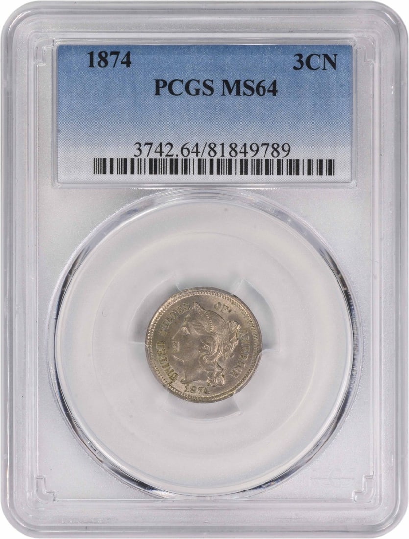 1874 Three Cent Nickel MS64 Uncirculated PCGS Certified: 1874 Three Cent Nickel MS64 Uncirculated PCGS Certified This 1874 Three Cent Nickel is a remarkable example of U.S. coinage, graded MS64 by PCGS, ensuring its exceptional quality. Struck in nickel, it