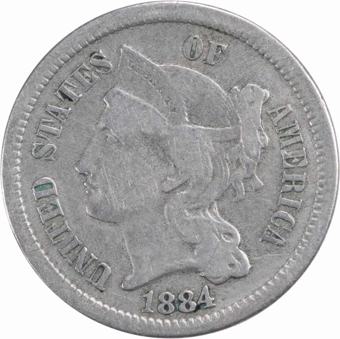 1884 Three Cent Nickel VF Uncertified Philadelphia Mint: 1884 Three Cent Nickel VF Uncertified Philadelphia Mint This 1884 Three Cent Nickel is a noteworthy addition to any coin collection. Featuring a grade of Very Fine (VF), this coin has been circulated