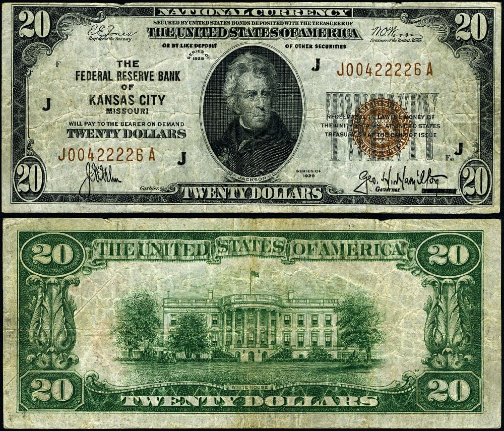 $20 1929 Kansas City Federal Reserve Note J-A Block Circulated (1 of 3)
