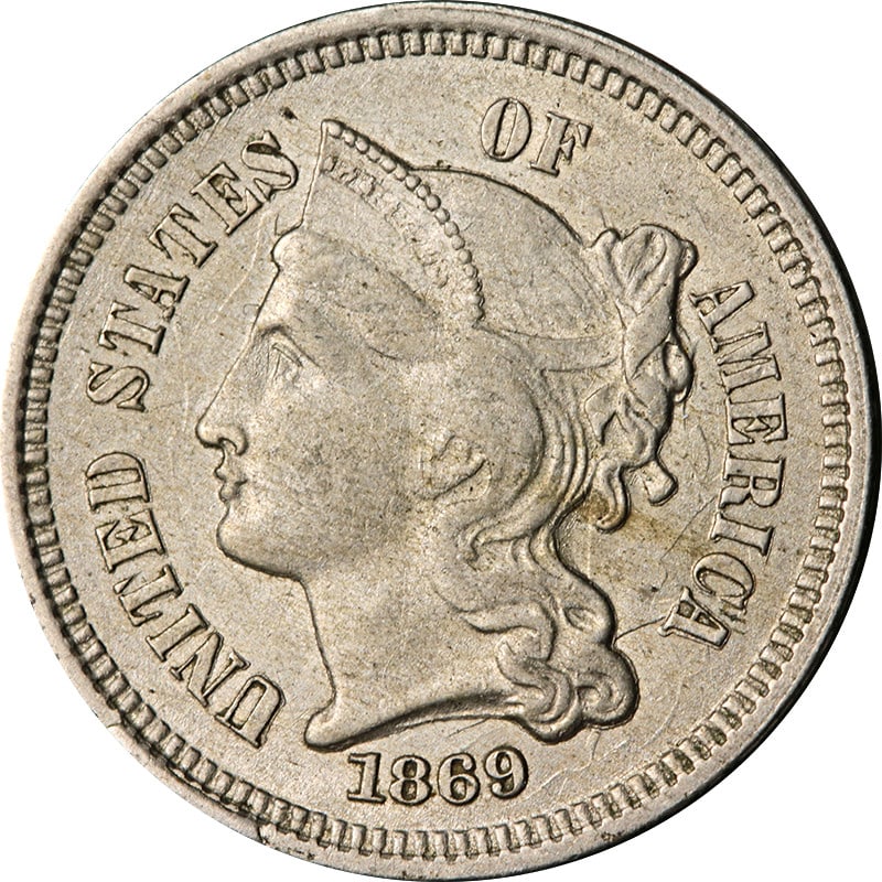 1869 Three Cent Nickel Coin Circulated Nickel: 1869 Three Cent Nickel Coin Circulated Nickel This 1869 Three (3) Cent Nickel is a notable piece of numismatic history. Made from nickel, this coin showcases an intriguing design representative of its