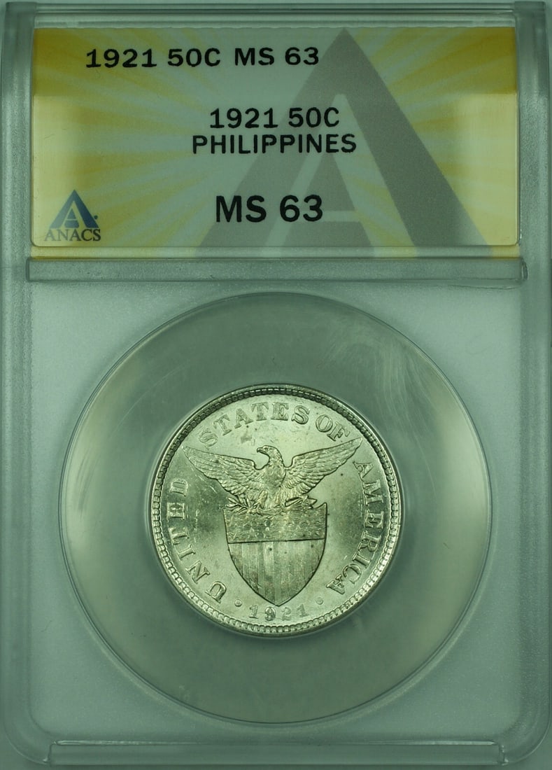 1921 Philippines 50C ANACS MS63 Silver Coin KM171 Uncirculated: 1921 Philippines 50C ANACS MS63 Silver Coin KM171 Uncirculated This 1921 50 Centavos silver coin from the Philippines features a grade of MS 63 as certified by ANACS, indicating its uncirculated condi