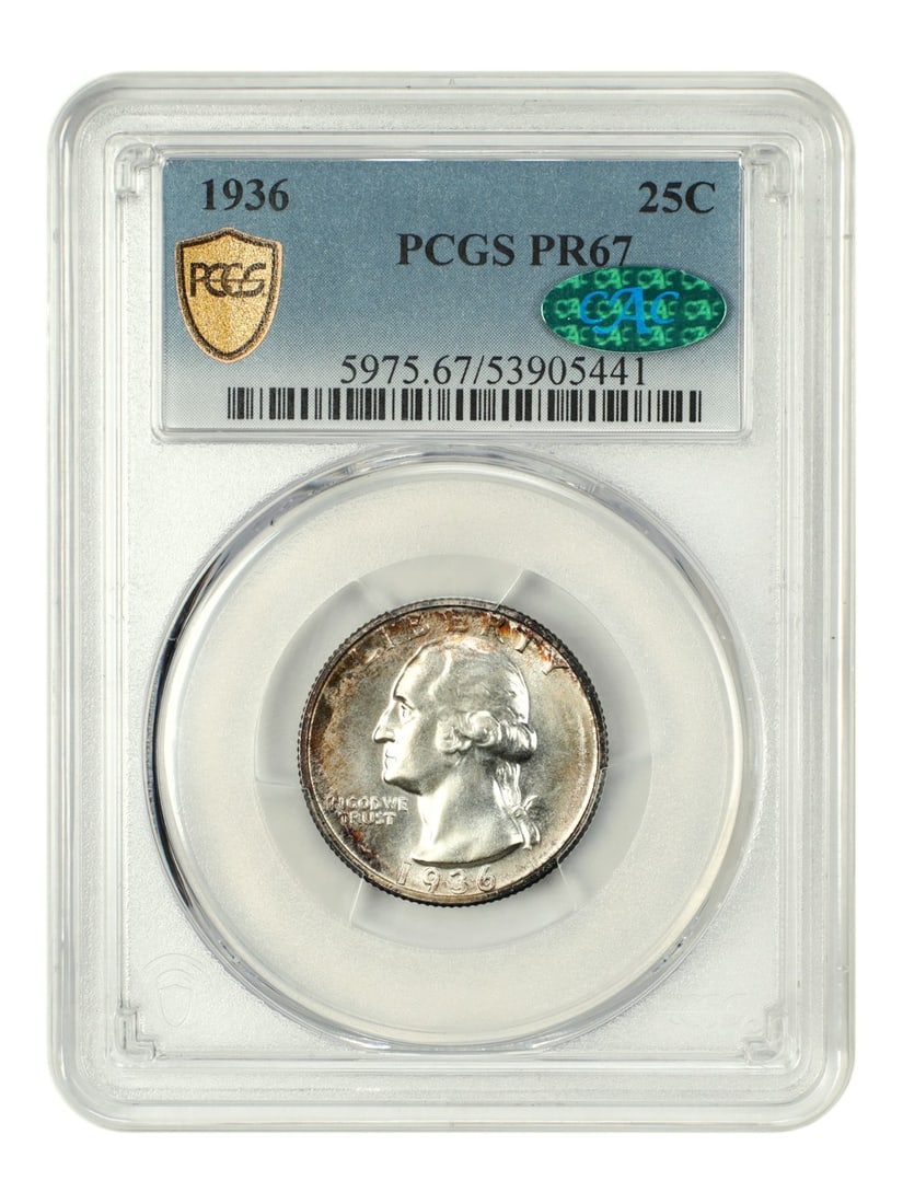 First-Year 1936 Proof Washington Quarter PCGS CAC PR67 Certified: First-Year 1936 Proof Washington Quarter PCGS CAC PR67 Certified This is a 1936 Washington Quarter, 25-cent denomination, certified by PCGS with CAC approval and graded PR67. This key first-year proof