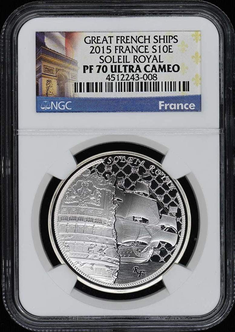 2015 France Soleil Royal S10E NGC PR70DCAM Coin: 2015 France Soleil Royal S10E NGC PR70DCAM Coin This 2015 France Soleil Royal S10E coin is graded as PR70 by NGC, indicating it is in perfect condition without any visible imperfections. The coin is u