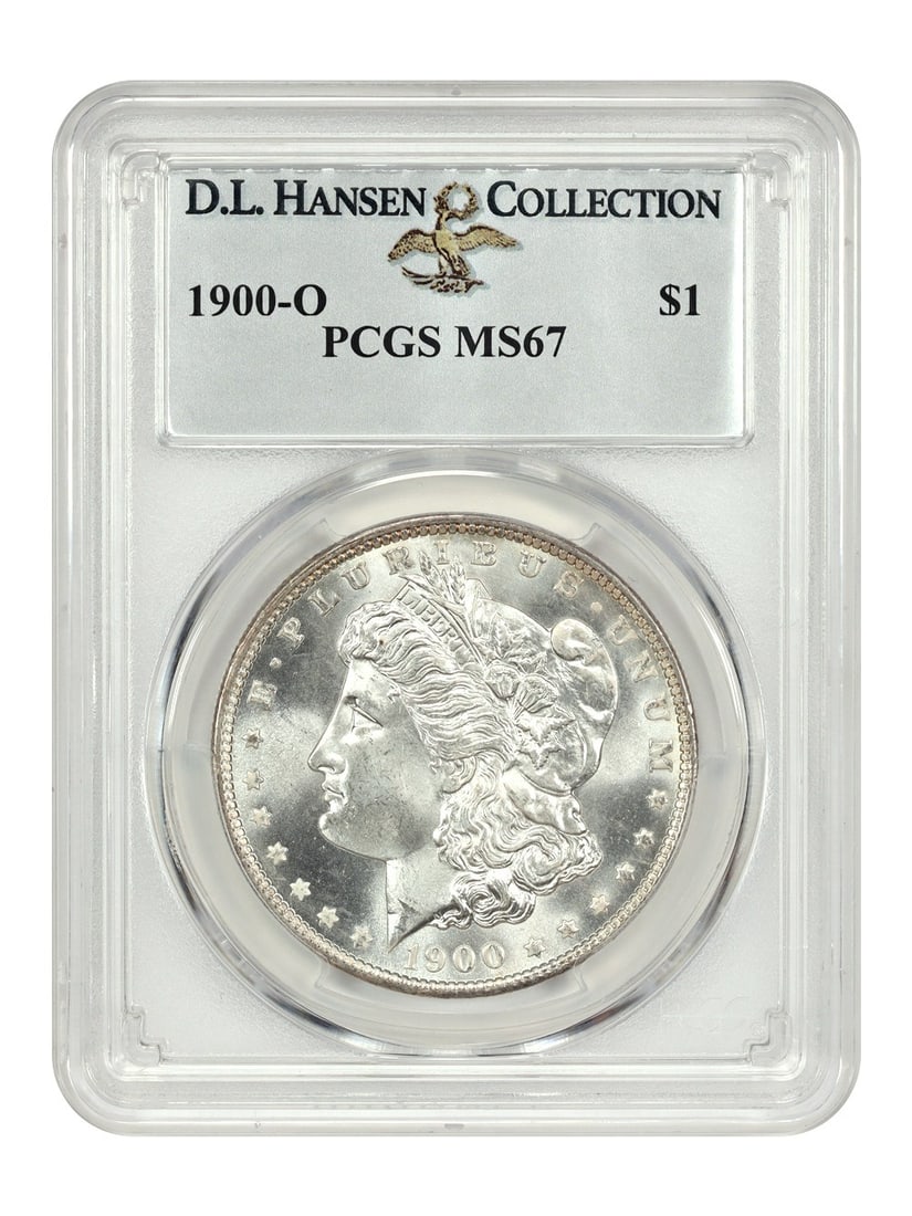 PCGS MS67 1900-O Morgan Silver Dollar Ex D.L. Hansen: PCGS MS67 1900-O Morgan Silver Dollar Ex D.L. Hansen This 1900-O Morgan Dollar is certified by PCGS with a grade of MS67 and originates from the D.L. Hansen collection. Struck in New Orleans, this unc