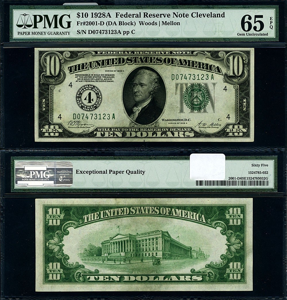 1928-A $10 Federal Reserve Note Cleveland D-A Block PMG Gem CU65 EPQ (1 of 3)