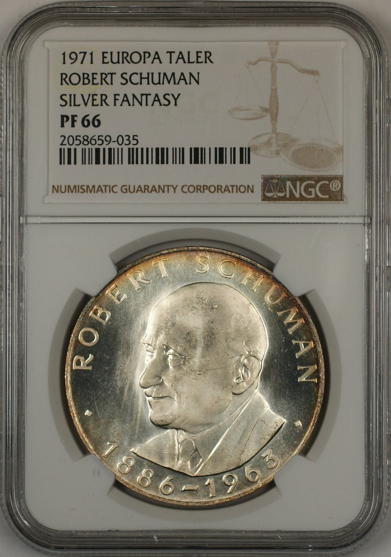 1971 Robert Schuman Silver Proof Europa Taler NGC PF 66 Coin: 1971 Robert Schuman Silver Proof Europa Taler NGC PF 66 Coin This 1971 Robert Schuman Silver Proof Europa Fantasy Taler is a remarkable collectible coin, graded PF 66 by NGC. Crafted from high-quality