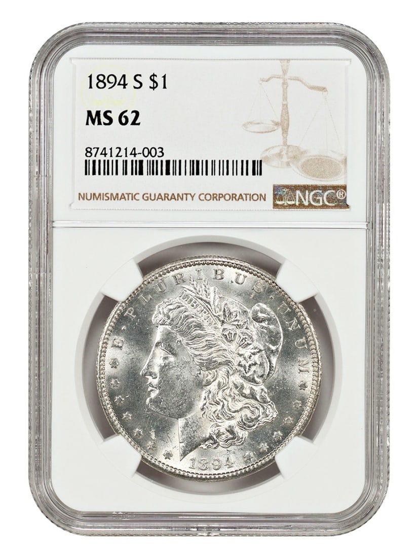 NGC MS62 1894-S Morgan Silver Dollar San Francisco Mint Certified $1 Coin: NGC MS62 1894-S Morgan Silver Dollar San Francisco Mint Certified $1 Coin This is an 1894-S Morgan Dollar graded MS62 by NGC. It is an uncirculated example from the San Francisco Mint, featuring light