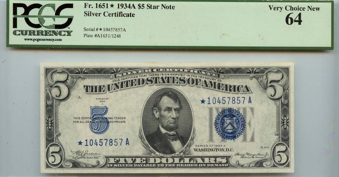 1934A $5 Silver Certificate FR1651 Star PCGS CU64 (1 of 2)
