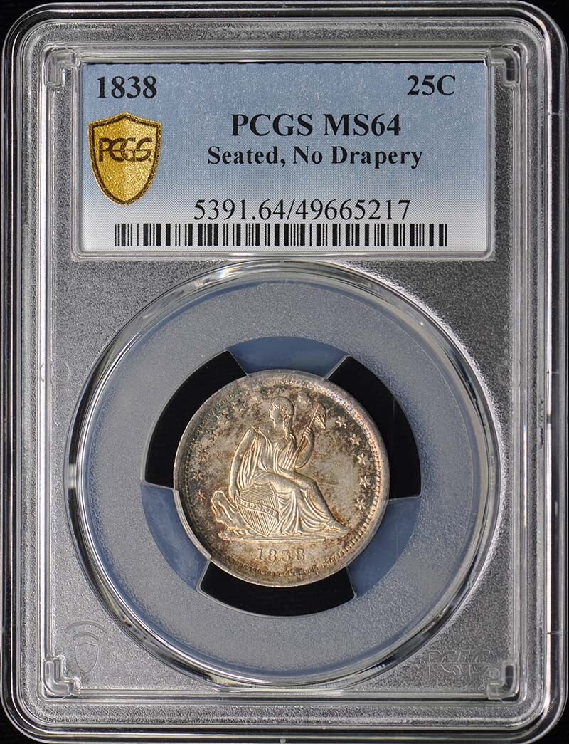 1838 Seated Liberty Quarter 25C PCGS MS64 Uncirculated: 1838 Seated Liberty Quarter 25C PCGS MS64 Uncirculated This 1838 No Drapery Seated Liberty Quarter is a remarkable piece for collectors, graded MS64 by PCGS, ensuring its uncirculated condition. Minte