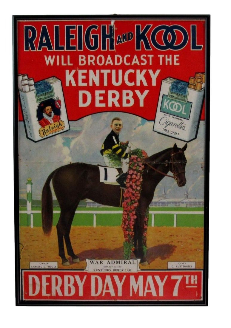 Original 1937 Kentucky Derby Poster Raleigh Kool Cigarettes Framed Vintage: Original 1937 Kentucky Derby Poster Raleigh Kool Cigarettes Framed Vintage This original 1937 Kentucky Derby advertising poster features Raleigh and Kool Cigarettes, elegantly framed to make a strikin