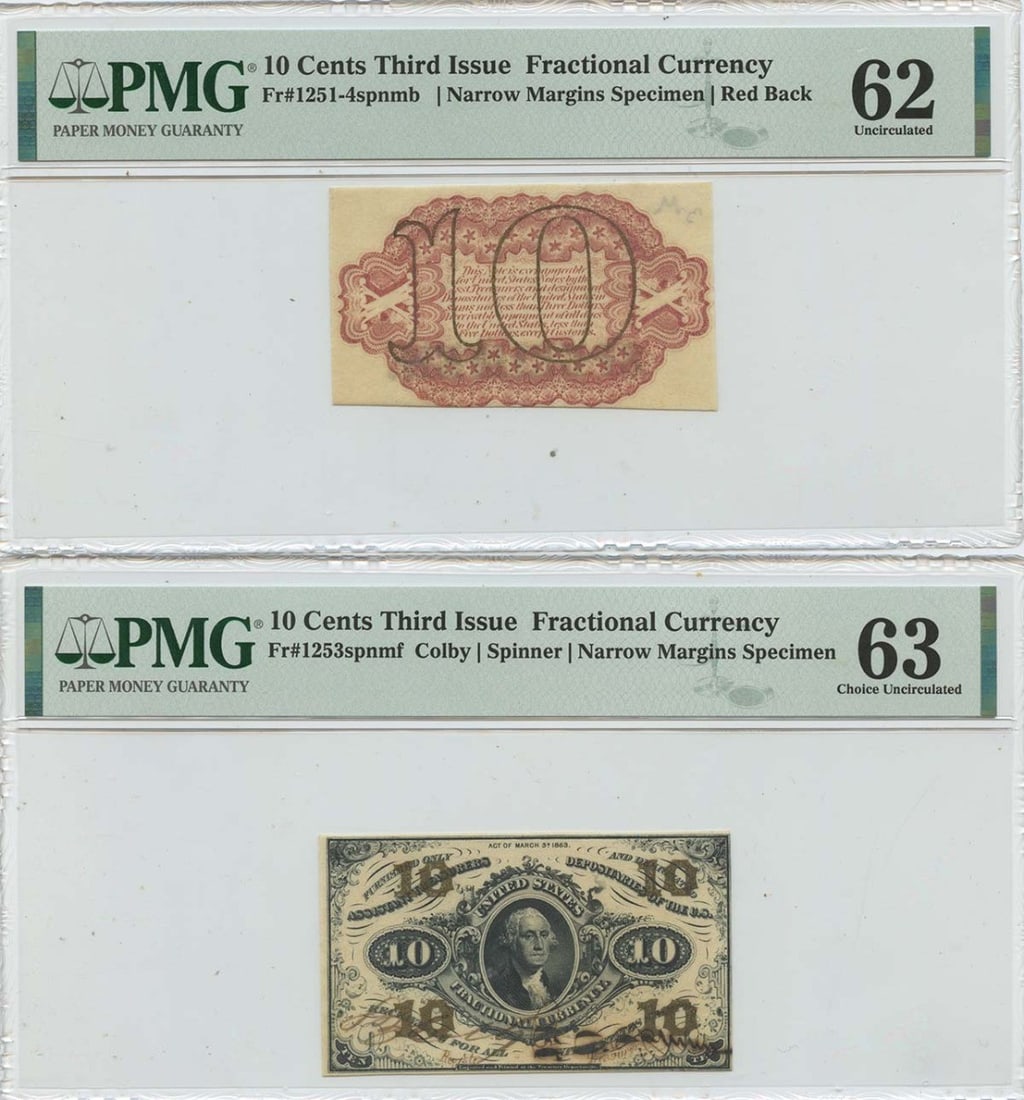 2pc Third Issue 10 Cents Fractional Specimen PMG MS63 FR#1253spnmf (1 of 3)