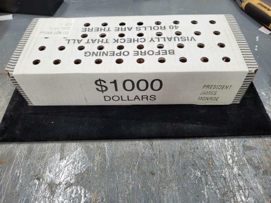 2008-P James Monroe Presidential Dollar 1000 Coins Sealed Box U.S. Mint: 2008-P James Monroe Presidential Dollar 1000 Coins Sealed Box U.S. Mint This 2008-P James Monroe Presidential Dollar Coin is part of a sealed box containing 1000 coins, each in Uncirculated condition.