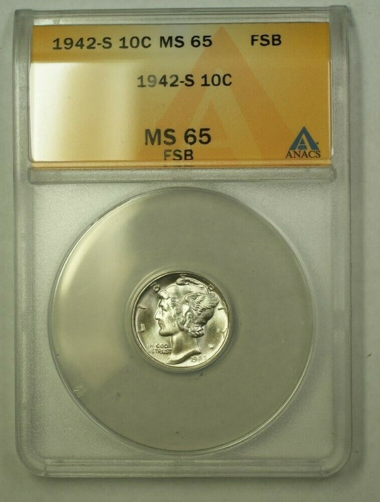 1942-S Silver Mercury Dime 10C ANACS MS-65 Uncirculated (1 of 2)