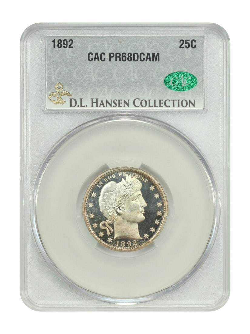 1892 Barber Quarter PR68DCAM CACG First Year Proof Golden Toning: 1892 Barber Quarter PR68DCAM CACG First Year Proof Golden Toning This exquisite 1892 Barber Quarter, certified by CACG with certification number 106446130, is an uncirculated gem in the stunning grade
