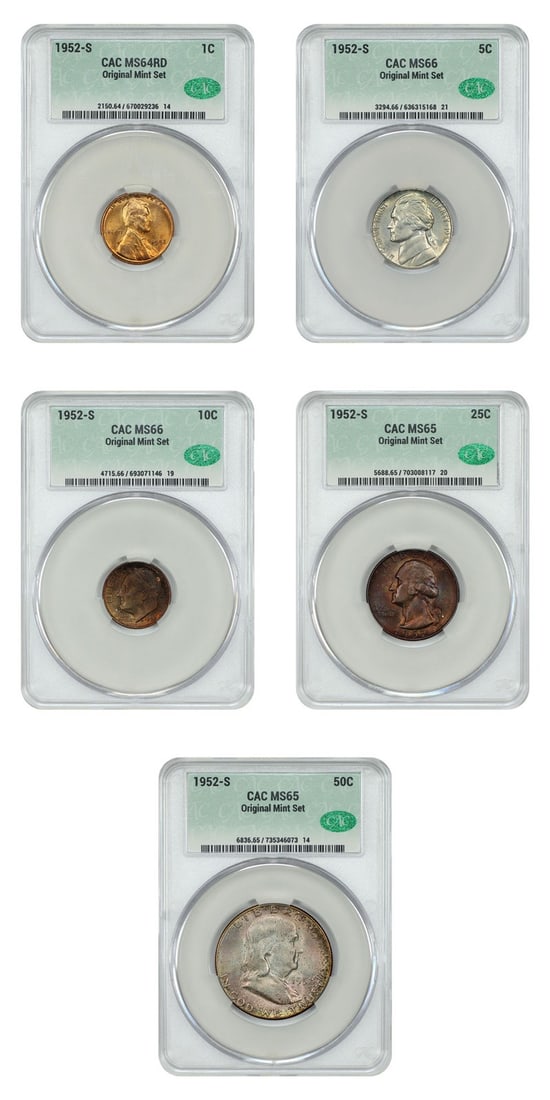 1952-S Mint Set Lot of 5 Coins CACG MS64-66 Uncirculated: 1952-S Mint Set Lot of 5 Coins CACG MS64-66 Uncirculated This lot features a collection of five uncirculated coins from the original 1952-S Mint Set, certified by CACG with certification number 670029