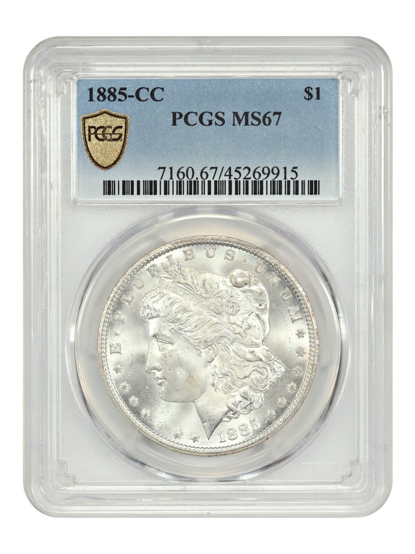 PCGS MS67 1885 Carson City Morgan Silver Dollar $1 Coin: PCGS MS67 1885 Carson City Morgan Silver Dollar $1 Coin This 1885-CC Morgan Dollar is graded MS67 by PCGS, indicating an uncirculated coin with outstanding quality. Struck at the Carson City Mint, thi